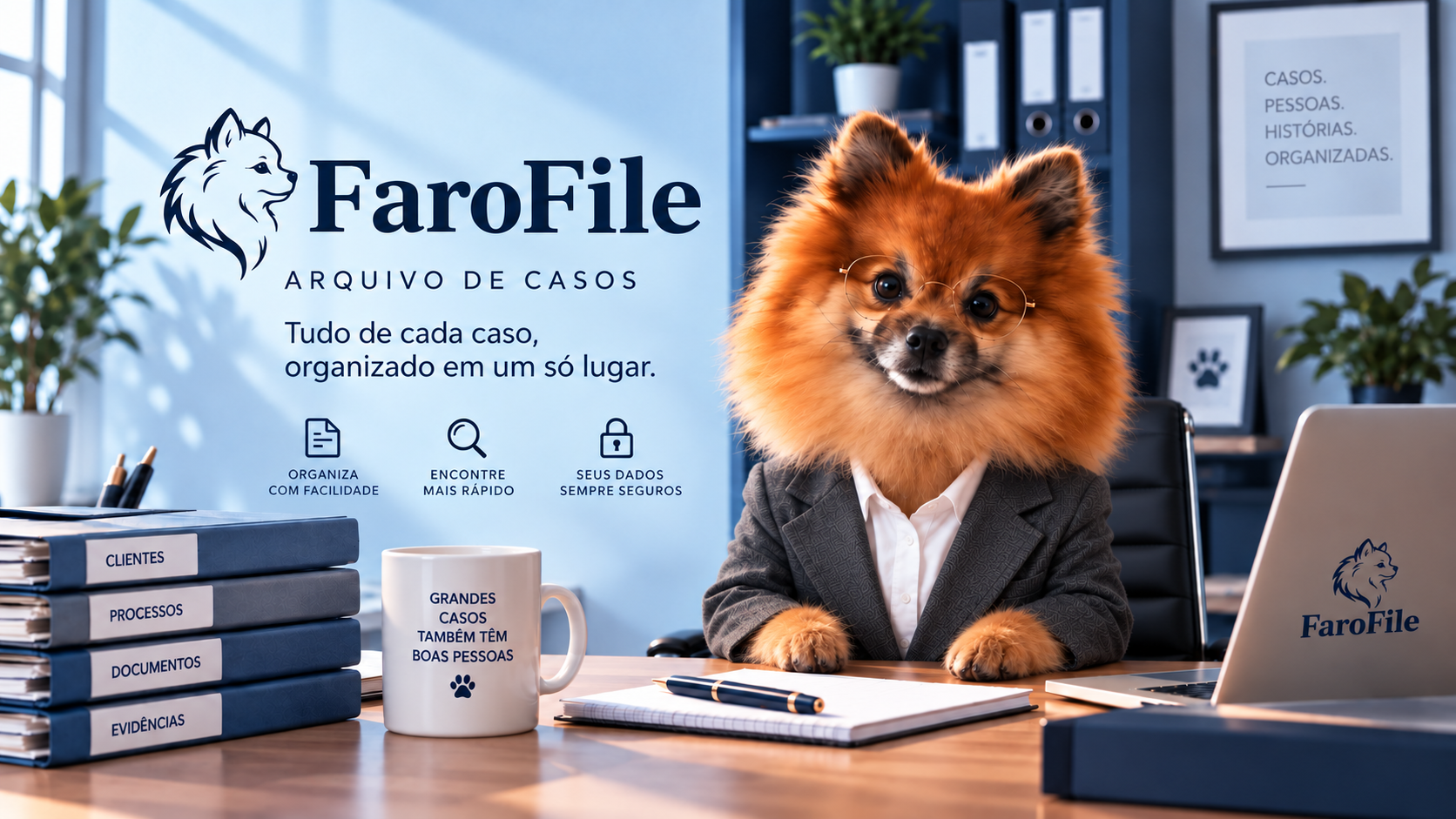 FaroFile — arquivo de casos com mascote de óculos em um escritório